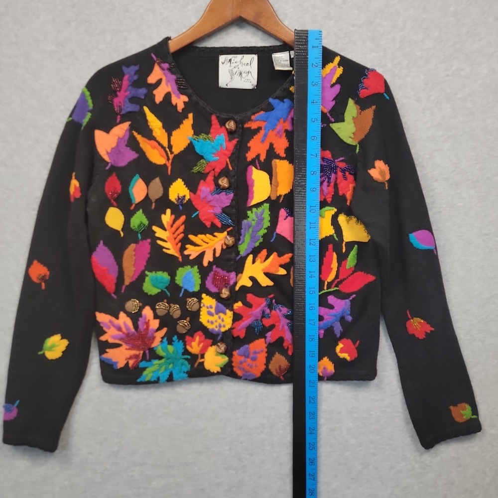 Vintage MICHAEL SIMON Cardigan Sweater Sz S Fall Leaves Acorns Beads Embroidered - Picture 14 of 16